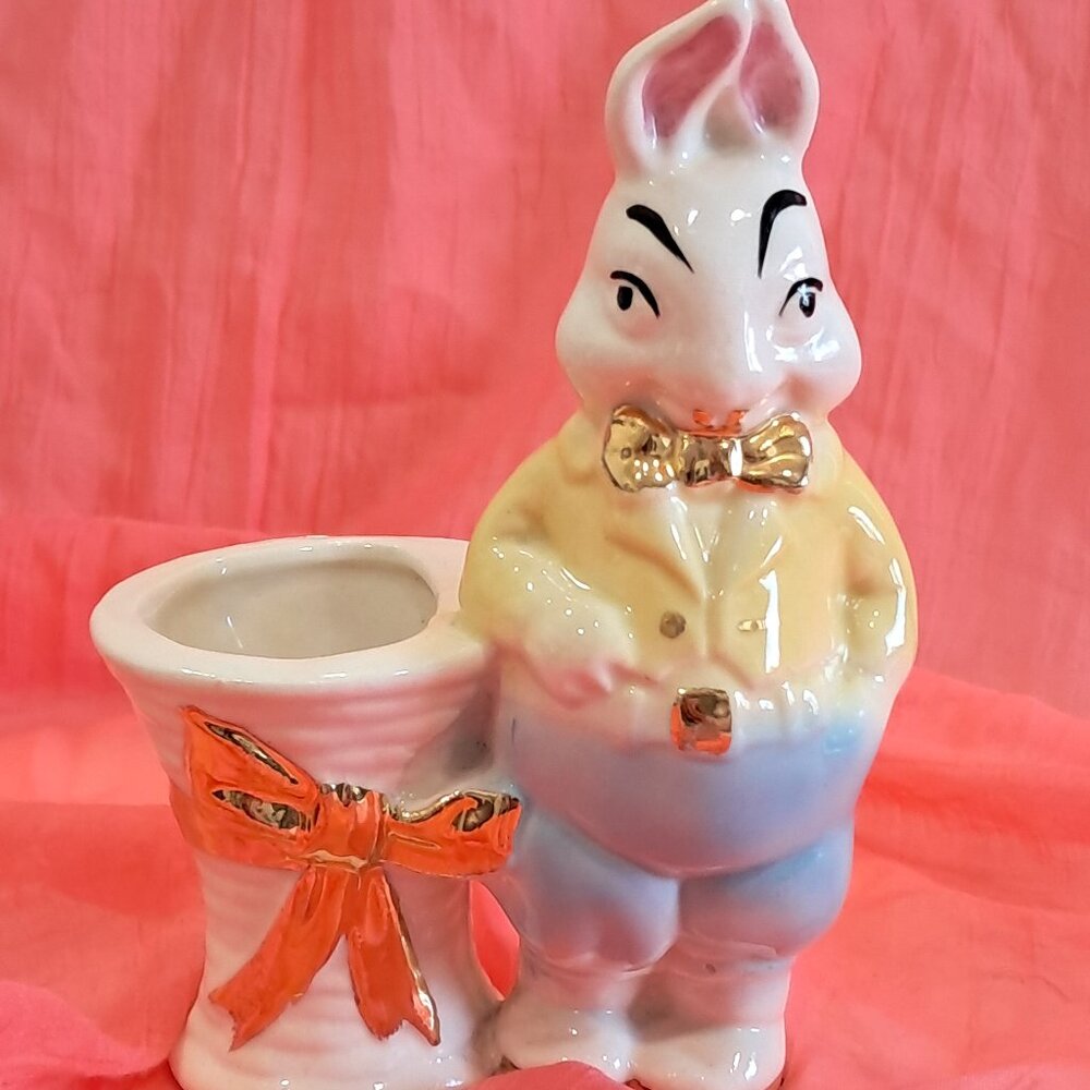 Vintage 60s Ceramic Easter Bunny Planter Hand Painted 22K Gold Easter Decor